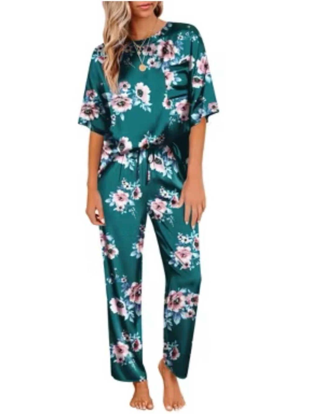 Ekouaer Satin Floral Pajama Set Womens Silk Short Sleeve Shirt Long Pants Large